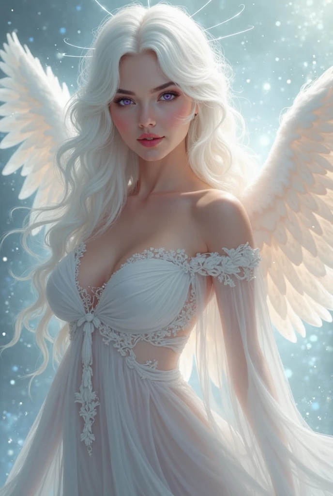 (tmasterpiece), (beste-Qualit:1.4), Direct view, [:intricate detials:0.2], Extremely detailed, (s fractal art: 1.3), Colorful, As detailed as possible, large natural breast, Very very long white hair, Sleepy gaze, Developing hair, A shot between the hair, white short sheer dress with sleeves, (gap between the thighs:1.1), (high skin detail: 1.2), angel, nimbus, Huge angel wings, The sky, Shimmering aura, Intense Focus, Crackling energy, Mysterious symbols, Sparkling specks of dust,