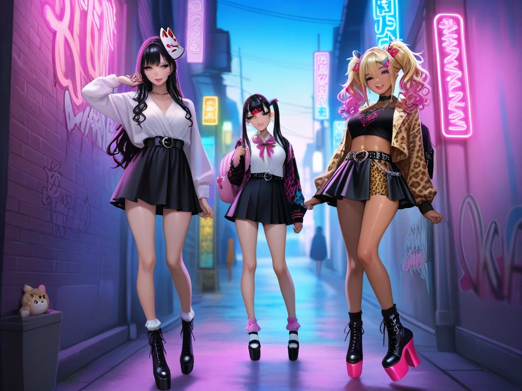 harems Multiple girls are depicted a smile a blond Pink hair leather jackets blue eyess top-quality masterpiece 超A high resolution Bodysuits Loose socks