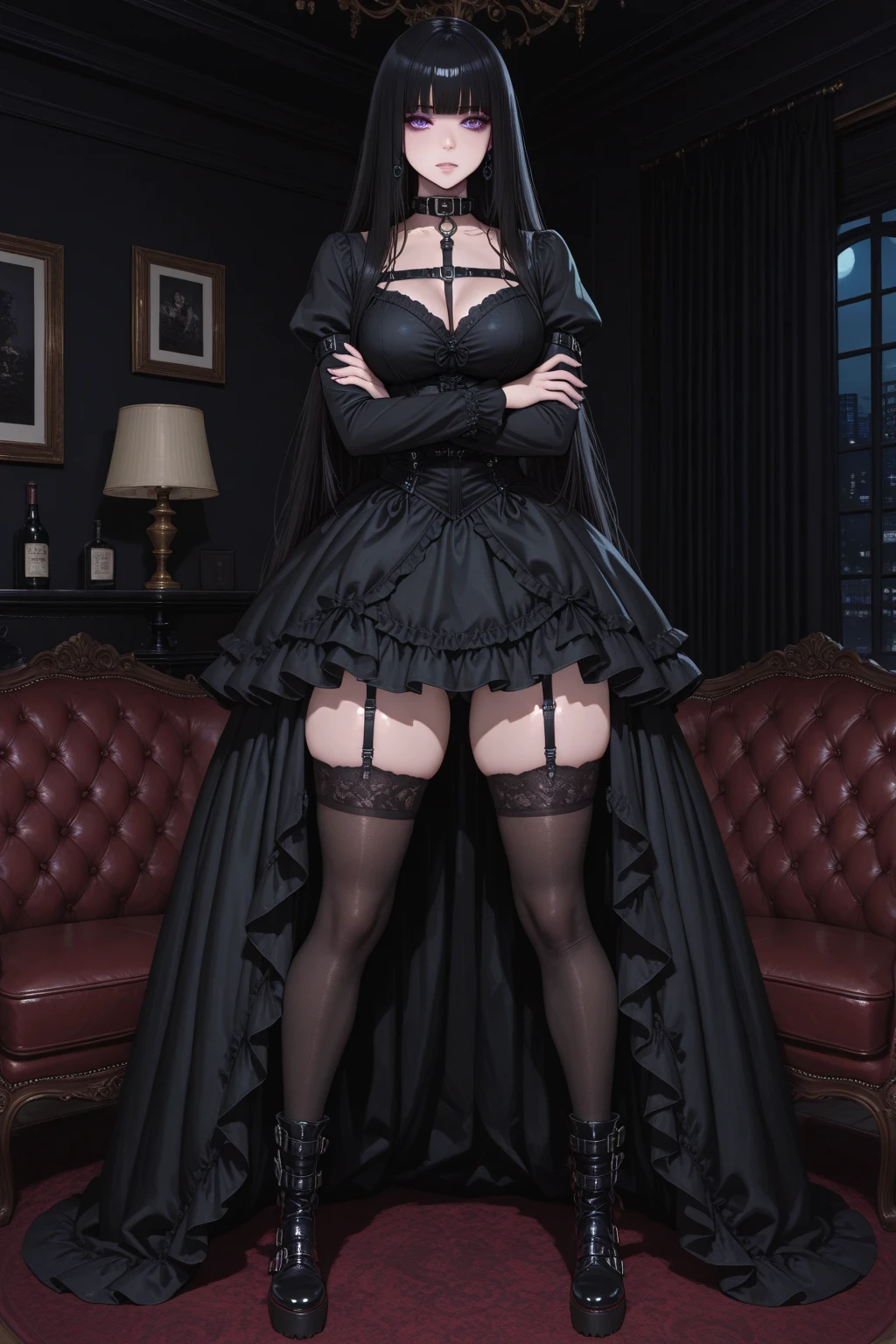 Beautiful 20 year old woman､ A peerless beauty, Extraordinary beauty, Enchanting,  Dark Gothic Makeup, Bell Sleeves、Wizard Sleeve, Black maid outfit、Dark Gothic、Long dresses、Gothic Lolita, garter belt、Knee-high socks、pantyhose, Twin tails、Black dark eyeshadow、Visual Lock、Good skin radiance、Lace pink、Long Hair Straight Hair、Dark Gothic Makeup, Black hair color, Looking up from below, Deep Night Sky, Inside the church, Stained Glass Background, masterpiece, 最high quality, high quality, High resolution, Please kneel down, (Gothic Lolita), Plump thighs, 