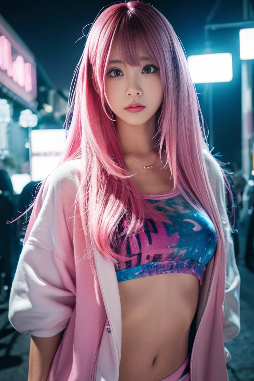 Pink hair, long hair girl with bangs, white tangtops, huge breast, front, white backround, plain backround, no object backround, indoor, selfie, half body