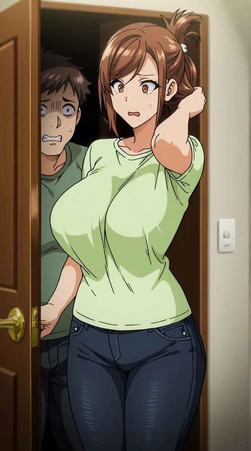 Hisato Azuma with his hair tied, light green shirt, without bra, mangas cortas, fitted jeans. Opening the door with a scared face 