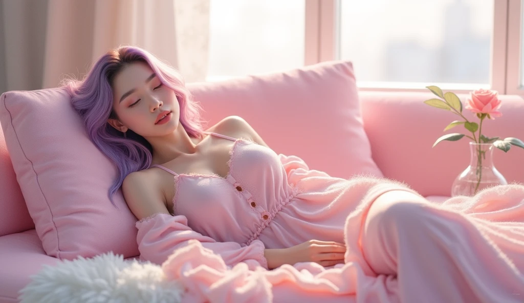 Girl with a perfect figure、dark wizard girl, super thin face and eyes、long pink hair、smile, pajamas , lie down on the bed , small breasts、cleavage、legs crossed