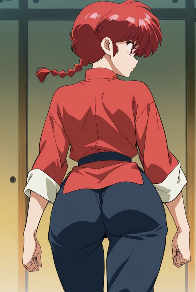 (8k, RAW photo, best quality, masterpiece:1.2),    RanmaChan, RanmaRedShirt, red panty, turn back, show her butt