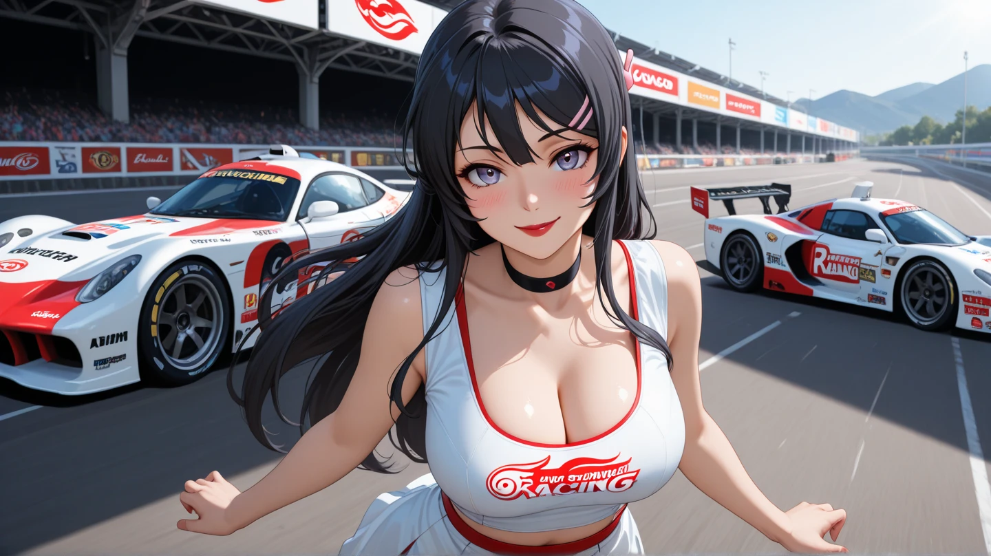 1lady solo, standing, /(grid girl/) /(silver costume with logo/) mini skirt, mature female, /(light black hair/) bangs, kind smile, (masterpiece best quality high resolution 8k), delicate illustration, edge color lighting, pretty face, medium breasts, thigh boots BREAK (standing next to the latest model car), (holding panel with the car name) BREAK (motor show indoors), audience, detailed background