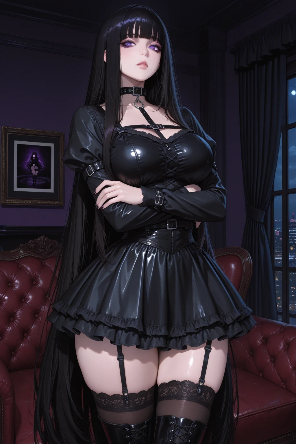 Black leather gloves with five fingers on each hand, black leather bodycon skirt, white sexy top, Long black leather boots, moving and standing, Place your leather-gloved hands on your lap, mature woman with tied hair、(big breasts、saggy breasts)