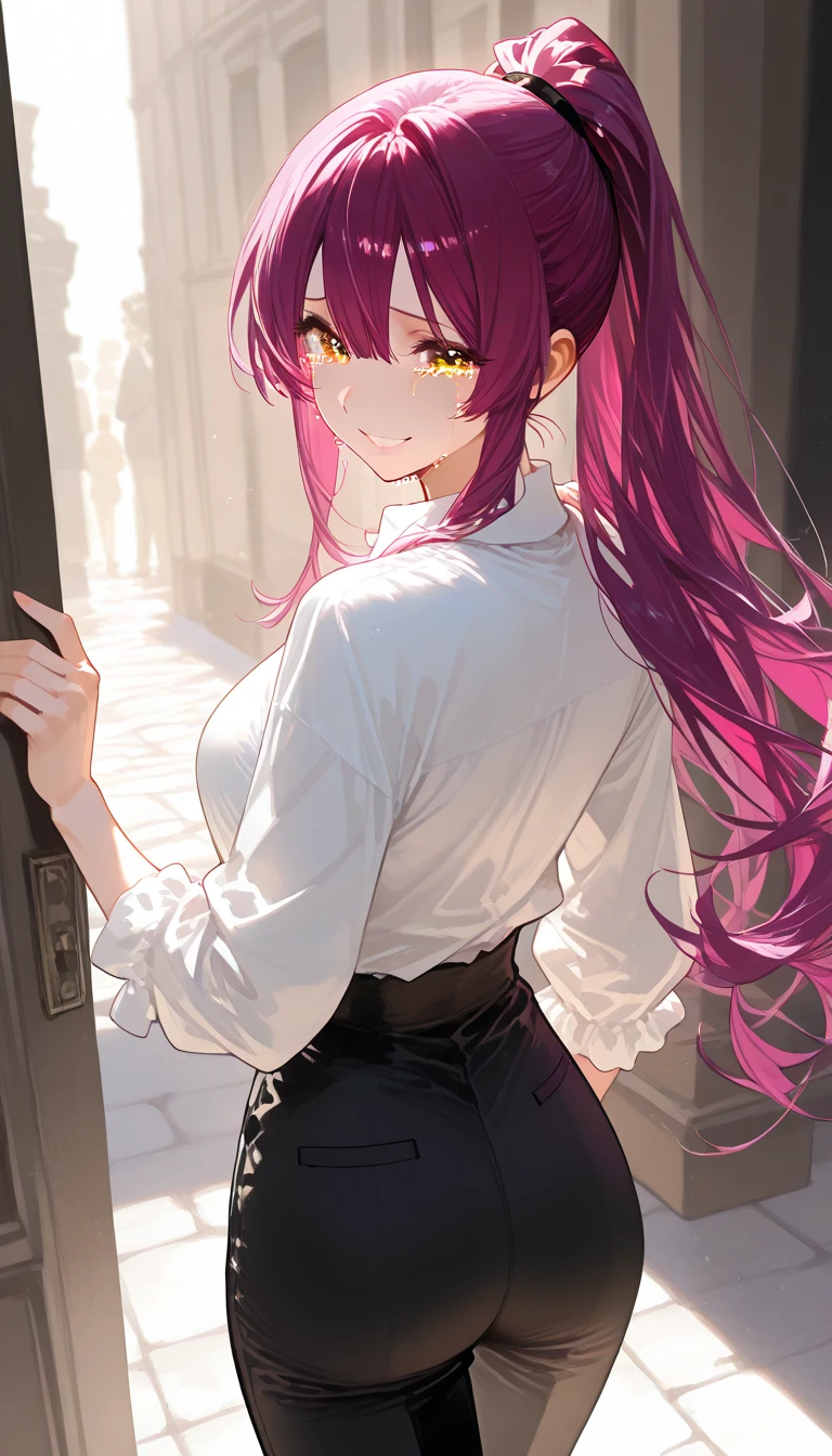 (8K、Top image quality、top-quality、masterpiece)、A detailed face、1 girl in、A pink-haired、((twintails))、Pink eyes、piercings、cry、((is crying))、large full breasts、white shirt、((Bra visible through clothes))、Black pleated skirt、((a miniskirt))、thighs、cowboy shot、((facing front))、((Rain shakes))、Wet asphalt、((Back alley background at night))