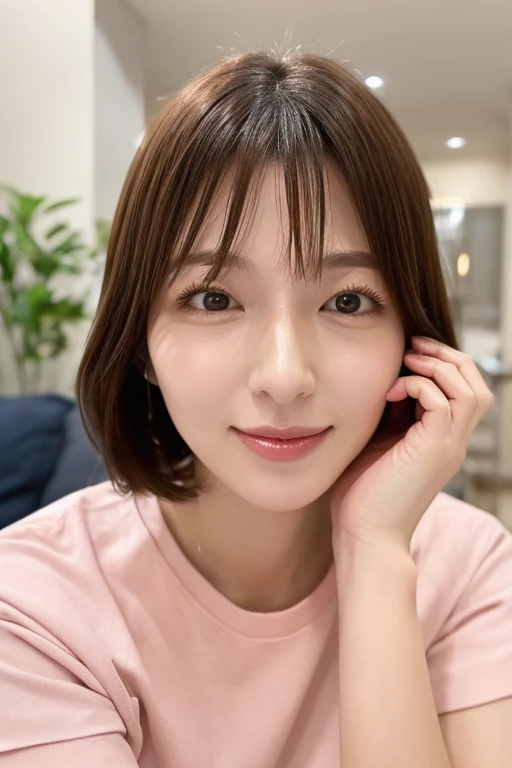 (High resolution、High resolution、high quality、High resolution、すべてをHigh resolutionで描画する)、Vivid crystal light blue eyes、Very small diamond-shaped earrings、Look straight at the camera、Listen carefully、light in your eyes、droppy big eyes,Beautiful very short black hair、Beautiful hair with beautiful and very short bangs、Straight beauty Bang、Beautiful neckline、Beautiful 28 years old、Lip gloss、Long neck、smile、Beautiful teeth alignment、beauty、Beautiful woman、Pure white open-collar business shirt、A pure white business shirt with an open chest、medium breasts,cleavage,Lengthen the left and right ends of your bangs、Beautiful composition、Roll up the sleeves of a long-sleeved business shirt:1.4、Beautiful Supermodel、Naked from the waist up,(looseroom,loose:1.15)