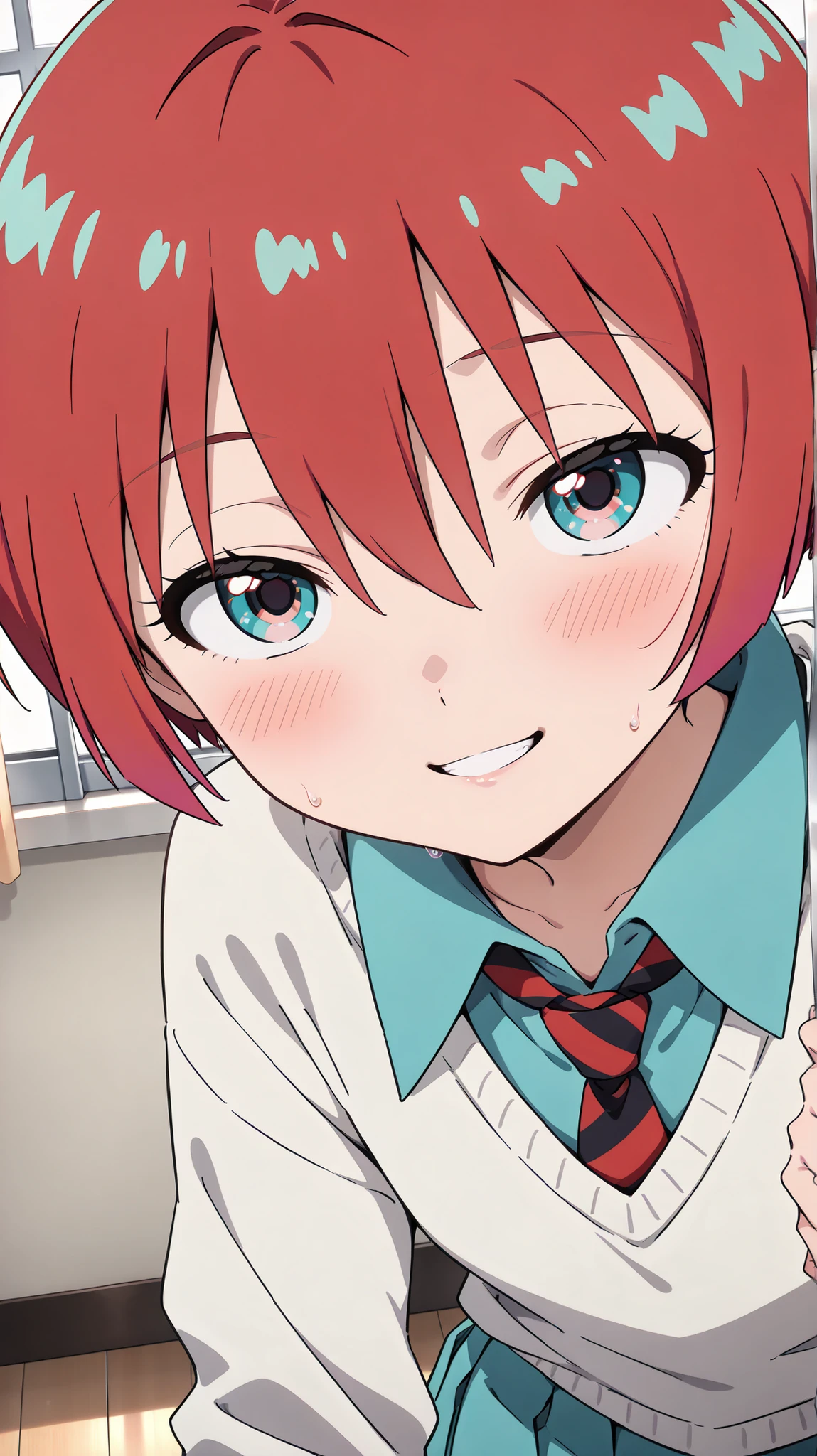 {Highest quality}, {so beautiful}, (anime coloring,flat color,TV anime style,Not details), {Best illustrations},(flat body,very thin,Slim body, young:1.2),solo,1girl,GQuX-amate_yuzuriha, red hair, multicolored hair, short hair, aqua eyes, multicolored eyes, aqua shirt, striped necktie, white sweater, aqua skirt,(blush,half closed eyes,erotic smile), hey i could have died, looking at another, sweat, eye contact,upper body,Close contact,detailed face