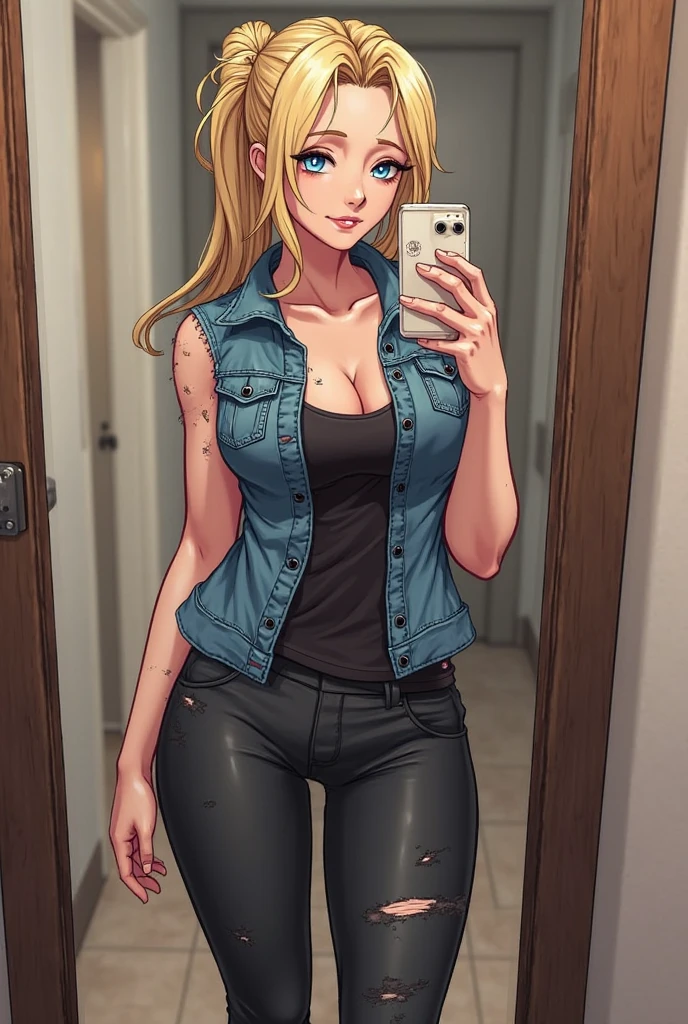 ((8k uhd, 8k Wallpaper, extremely detailed CG unity 8k wallpaper), (High Quality, Ultra Quality, High resolution), (trending on art station), (detailed, intricate details, detailed background, detailed face, detailed skin), (masterpiece, best quality, ultra-detailed, best illustration, best shadow)), BREAK, ((1girl, solo):1.1), (makeup), (tube top, solid tube top, cleavage), (jeans, denim), (sandals), ((wide hips, chubby thighs):1.1), natural makeup, big tits, seductive, motherhood, looking at the audience, curvy, sexy, CEO lady, (mature woman, milf: 1.1), solo, (curve: 1.1), milf, blonde hair, bob haircut, nfsw, selfie, face close up,