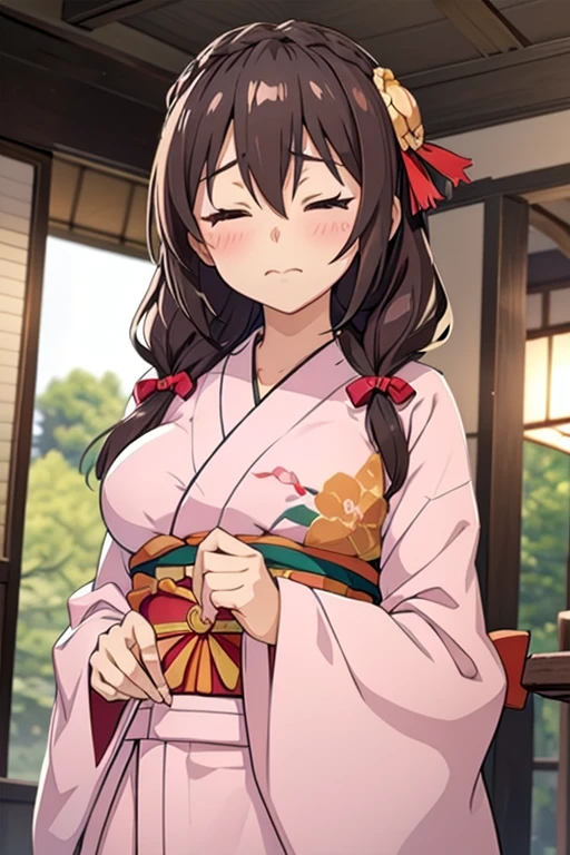 alone, One girl、Crown braids in the same color as your hair, hair ornaments, Hair Ribbon,(Purple kimono with red floral pattern and red obi)、Red Eyes、Black Hair、(blush:1.5)、(Embarrassed face 1.4)、Larger breasts、Dressing room