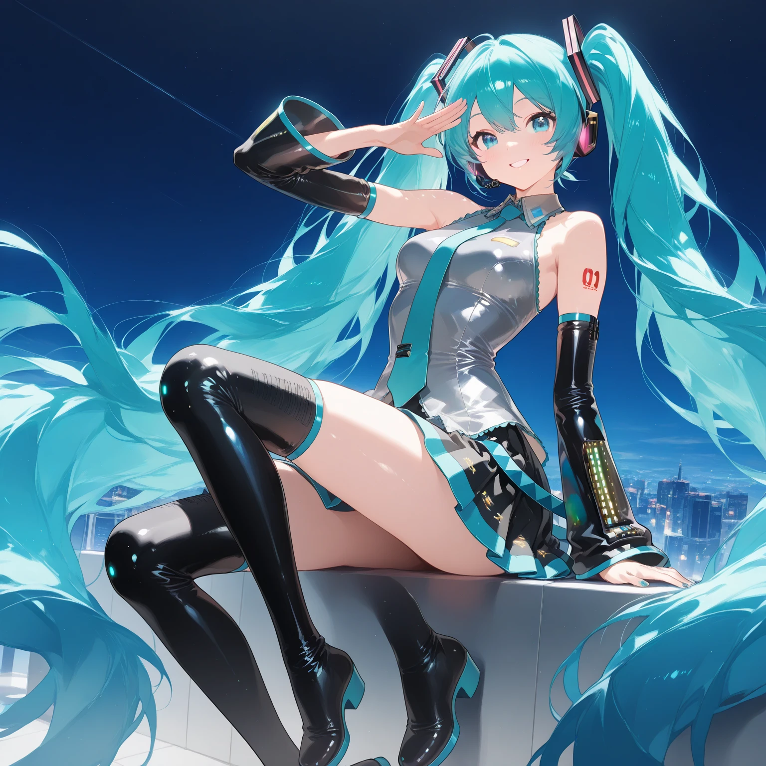 8K, Highest quality, (real:1.4), Original photo, 1 girl, Asari Hair, Biological Amplifier, Very sleek and futuristic armor, posture: Peace talks between warring factions,,attention arousal, smart blue eyes,A modest smile,Knee-high boots,Patent-look blue tights,Blue big moon and blue light swirl in the background,Blue light from behind,blue light magic,A small, glowing blue ball in the palm of your hand,Blue flame swirl,Blue Comet,Polished floor,