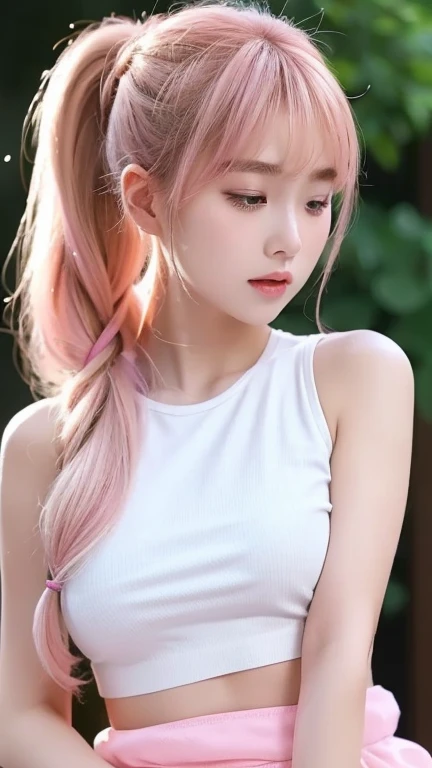 ((Best Quality, 8k, Masterpiece: 1.3, Ultra Detaild)), 21 years old girl, pink hair, (twintail Hair). Bitting her lower lip ,Wearing white oversize t-shirt, show shoulders, cleavage, show big thigh, natural big brseast, perfect body, dynamic poses, necklace, rings