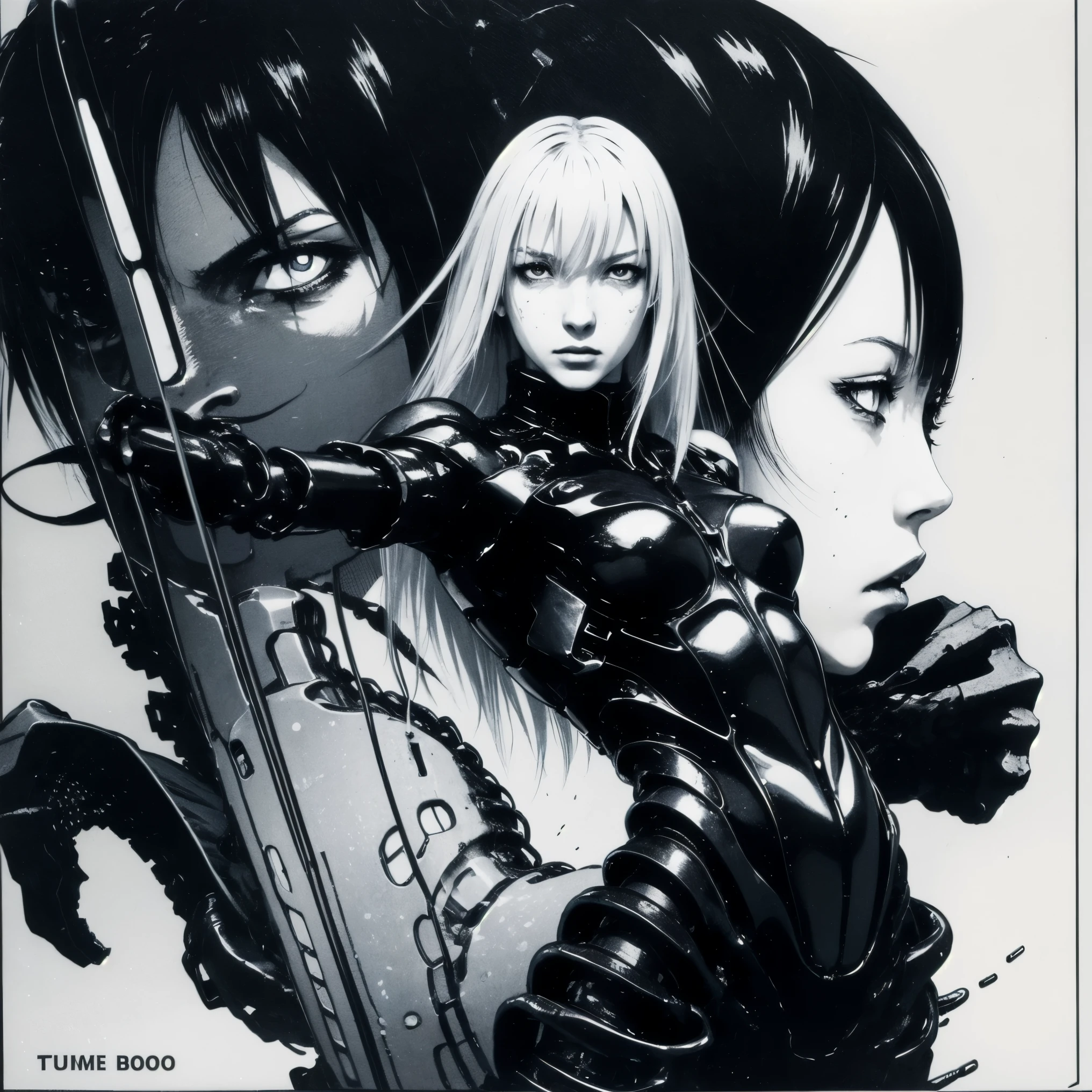 solo,blame, tsutomu nihei, by tsutomu nihei,movie, cibo, GBE,1girl ,ova, 特写镜头,聚焦她的眼睛,long hair, Platinum blonde hair,cybernetic female android, emotionless pale face, white long straight hair with blunt bangs, wearing black mechanical bodysuit with armored plating and segmented limbs, detailed metallic textures, elegant yet deadly, ultra-detailed illustration, inspired by Tsutomu Nihei and biomechanical manga aesthetics, 整体构图以对称和平衡为中心,monochrome palette with red blood stains, realistic manga character rendering