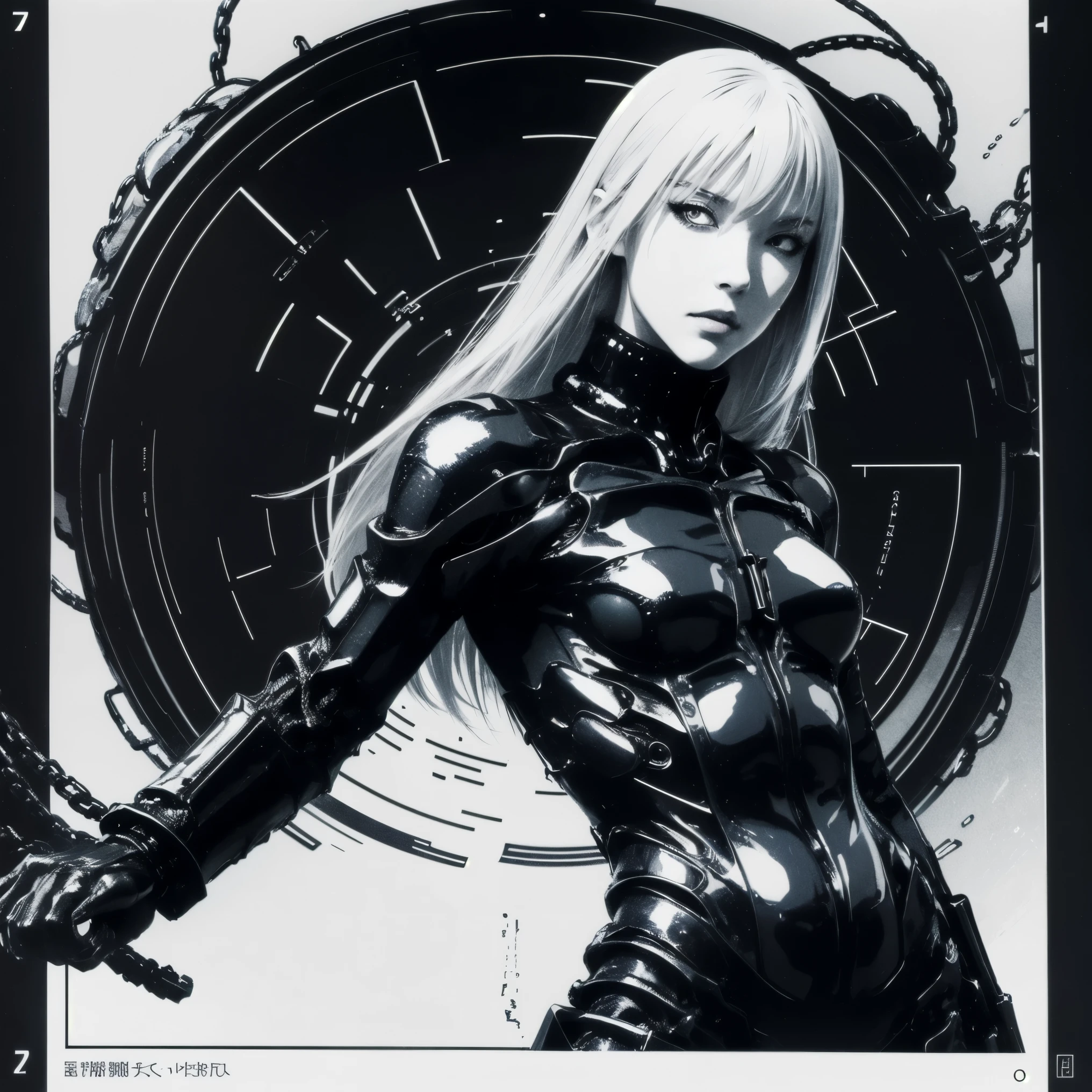 solo,blame, tsutomu nihei, by tsutomu nihei,movie, cibo, GBE,1girl ,ova, 特写镜头,聚焦她的眼睛,long hair, Platinum blonde hair,cybernetic female android, emotionless pale face, white long straight hair with blunt bangs, wearing black mechanical bodysuit with armored plating and segmented limbs, detailed metallic textures, elegant yet deadly, ultra-detailed illustration, inspired by Tsutomu Nihei and biomechanical manga aesthetics, 整体构图以对称和平衡为中心,monochrome palette with red blood stains, realistic manga character rendering