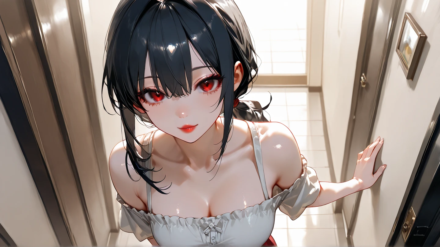 head tilt、big breasts, Upper Body, Realistic, real person, (pale skin: 1.2), RAW photo, photorealistic, shiny skin, shiny hair、(40 year old woman with bob cut hair) and (wavy hair) and (black hair) and (red eyes) , Droopy eyes、(white) and (off shoulder blouse) 、smile, The background is the living room at night、Alone、Are standing