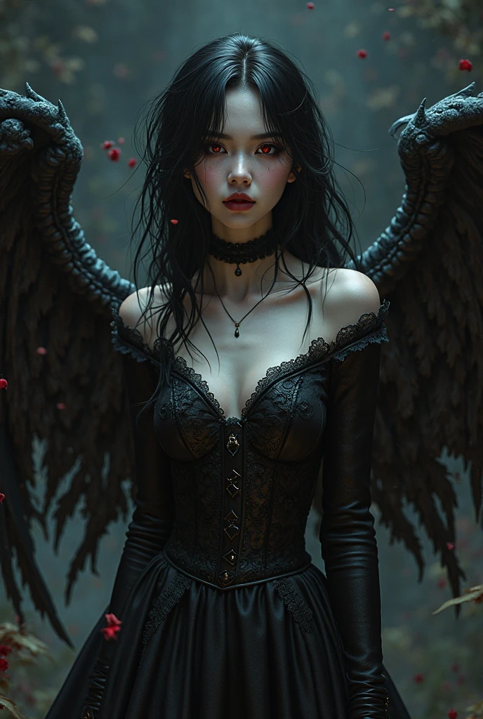 un primer plano de una mujer sentada en una silla con alas, gothic fantasy art, Vampiro femenino con alas de cuervo, gothic art style, neogothic art, gothic art, the villain has black angel wings, Detailed 3D Gothic oil painting, y mumford tom bagshaw, female lord of change, Alas de plumas oscuras, in style of dark fantasy art, Dark fantasy style art..
