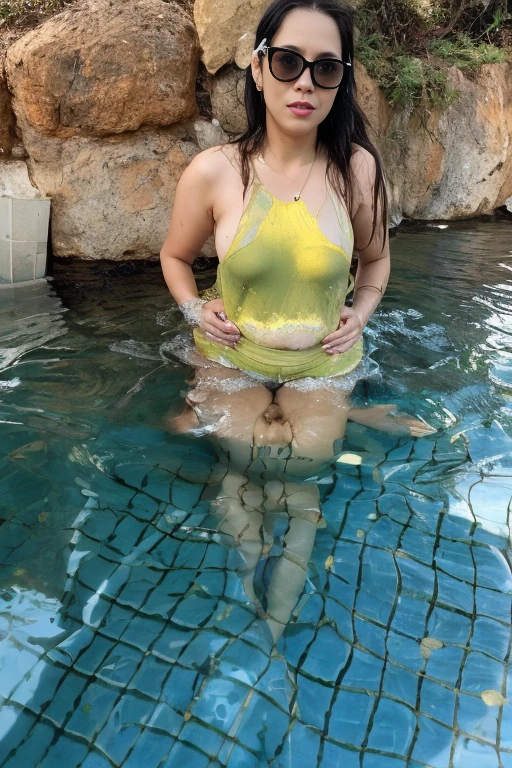 Mature woman falls and gets wet, butt sticky, falls hard, legs spread, surprised expression, shallow stream, hurray, fell on her butt, blush, masterpiece, falls on her butt, frontal, trần truồng