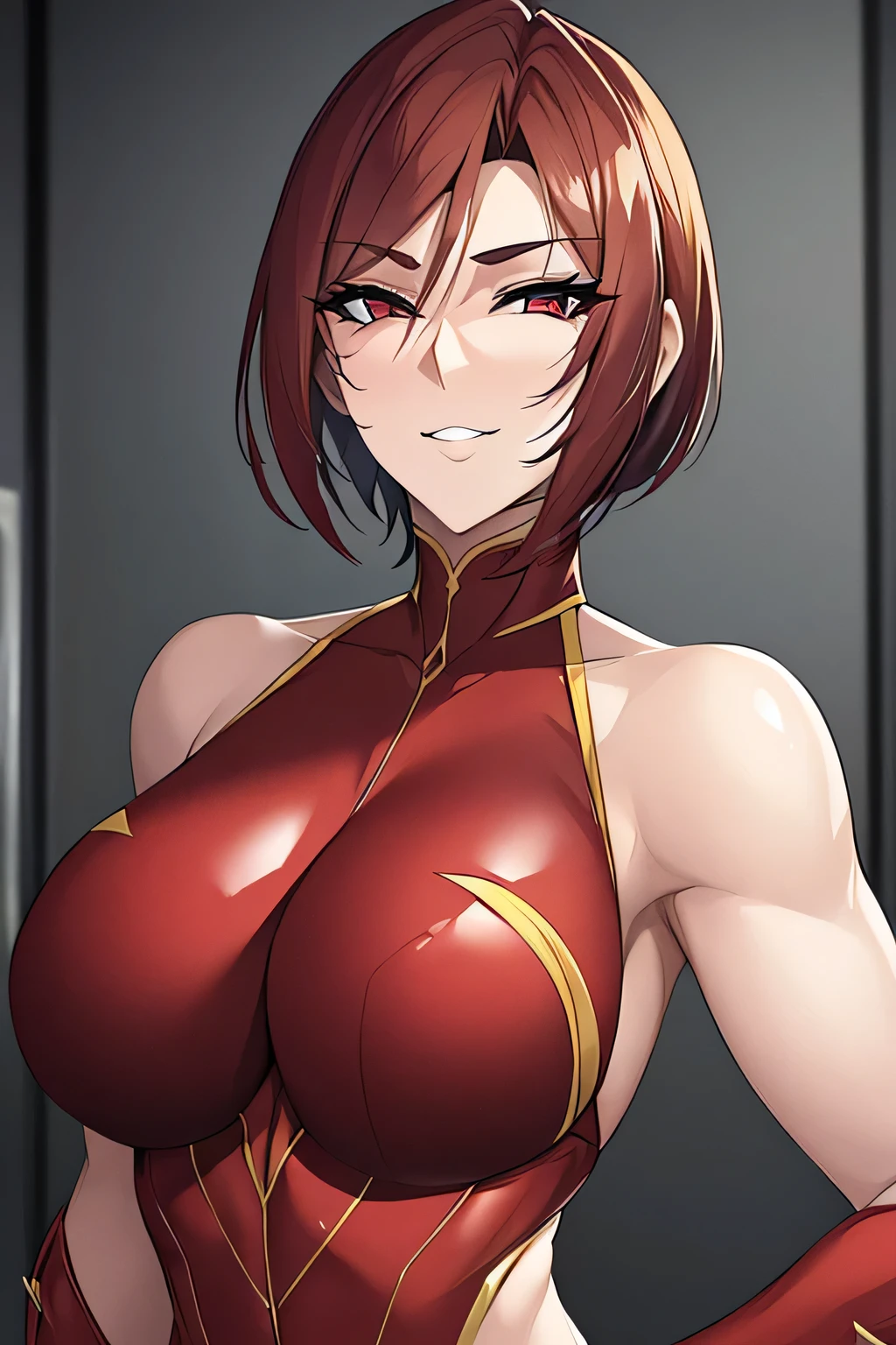 Lee Mayfeng, standing, (3/4 body shot :1.1), mature female, 1girl, anime face, standing, solo, chinese dress, makeup, gigantic breasts, lipstick, red eyes, short hair, brown hair, underboob, cleavage, perfect body, (athletic body:1.1), perfect eyes, anime eyes, smoky eyeliner, eyeshadow, perfect face, smiling, sharp focus, intricate details, masterpiece painting, professional artwork, (vibrant colors:1.1), vivid colors, Diffused lighting, digital blending, ultra detailed body, ultra detail hair, ultra detail face, trending on pixiv, by Kagami Hirotaka, , posing, night_sky, city lights, indoors, luxury office, sitting on luxury chair