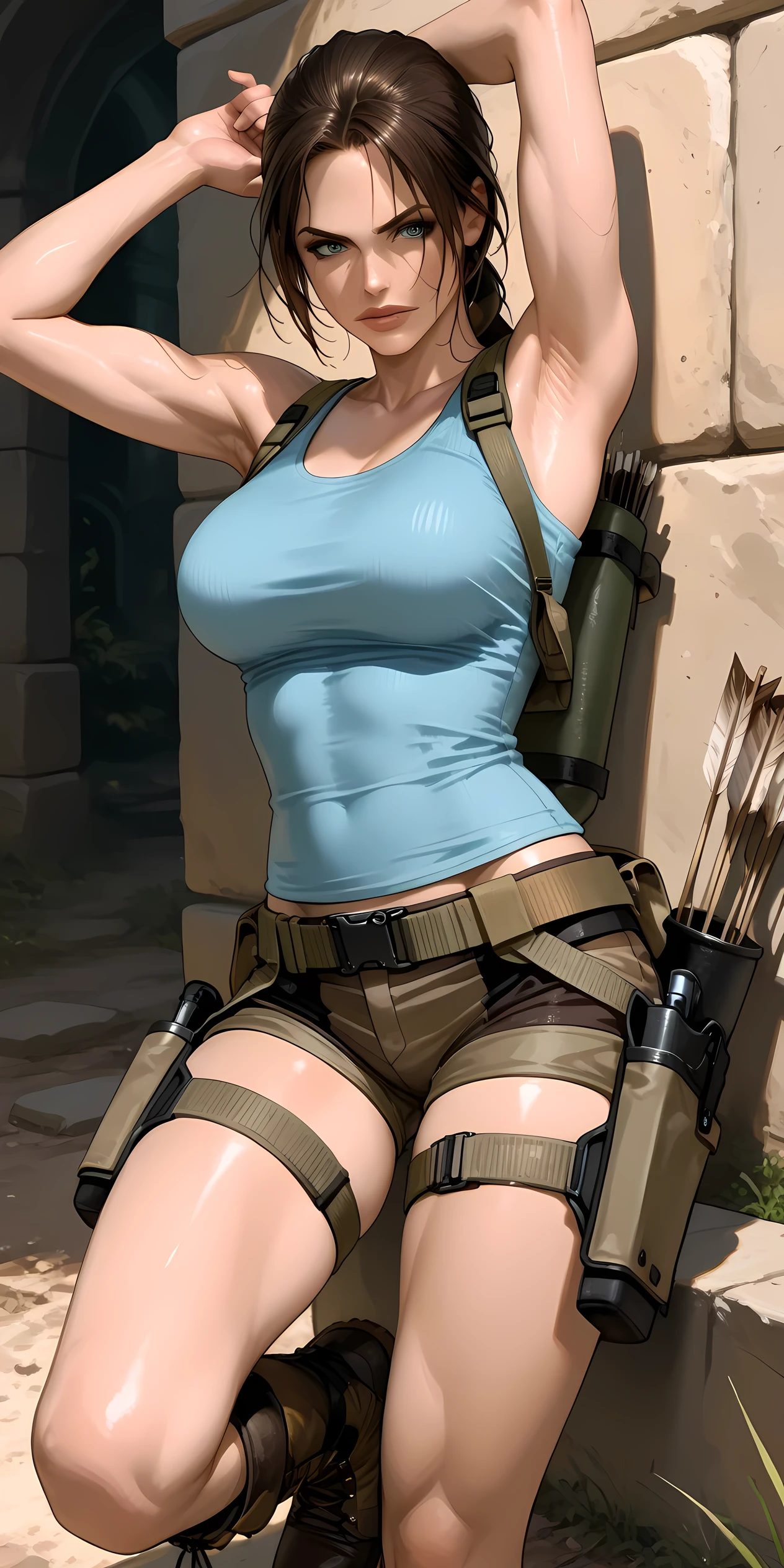 1 girl, Lara croft, tomb raider. She has a strong, athletic build and long flowing dark hair. She wears a fitted blue tank top, brown tactical shorts, a utility belt with pouches and twin holsters strapped to her thighs, and rugged brown combat boots. A quiver with blue-feathered arrows is slung across her back, and she holds a bow in one hand, ready to draw an arrow, showing armpits.