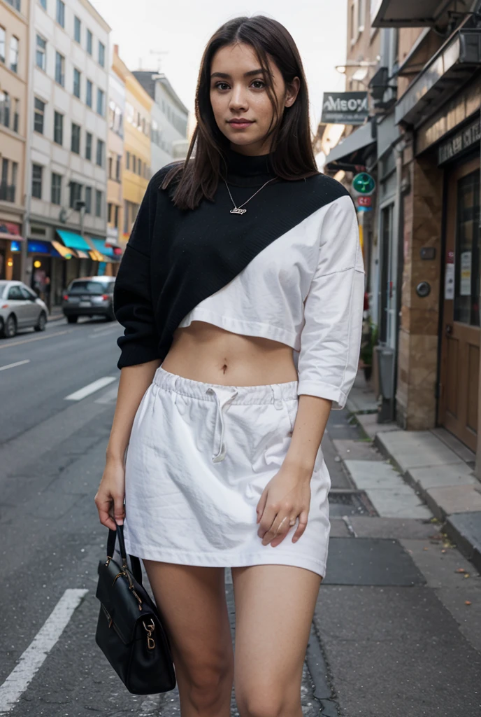 , brune, gros sein, tenue courte, Realistic, made up, se tenant devant la camera, corps entier