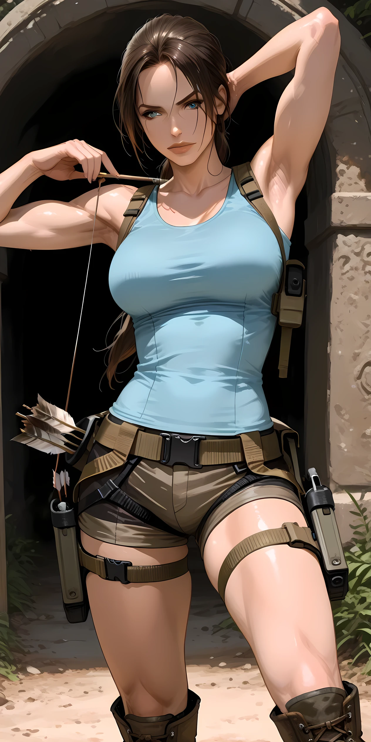 1 girl, Lara croft, tomb raider. She has a strong, athletic build and long flowing dark hair. She wears a fitted blue tank top, brown tactical shorts, a utility belt with pouches and twin holsters strapped to her thighs, and rugged brown combat boots. A quiver with blue-feathered arrows is slung across her back, and she holds a bow in one hand, ready to draw an arrow, showing armpits.