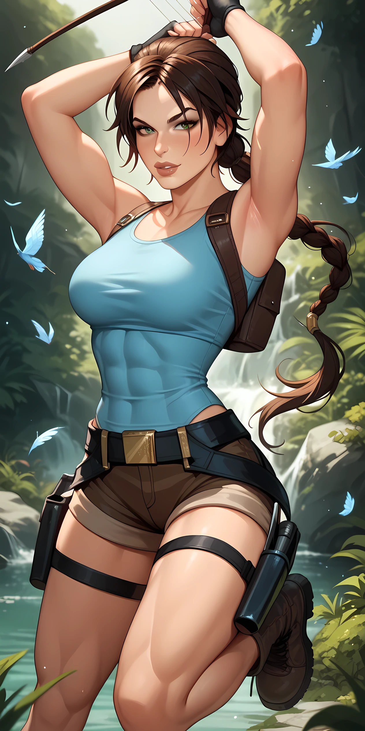 1 girl, Lara croft, tomb raider. She has a strong, athletic build and long flowing dark hair. She wears a fitted blue tank top, brown tactical shorts, a utility belt with pouches and twin holsters strapped to her thighs, and rugged brown combat boots. A quiver with blue-feathered arrows is slung across her back, and she holds a bow in one hand, ready to draw an arrow, showing armpits, muscular legs.