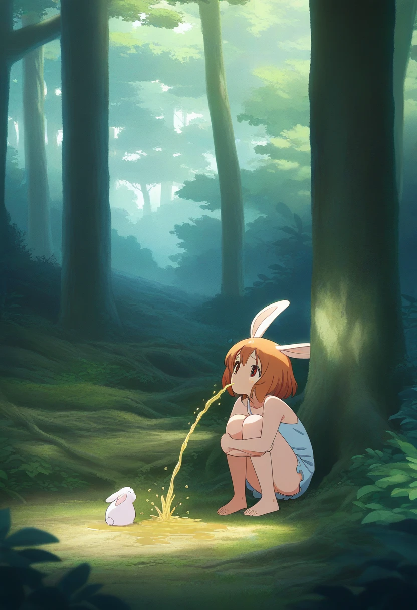 Bamboo forest, a confused and embarrassed nude woman (Kate Mara, age 25, panicked, nude, covering herself as best she can with her hands and arms) is in a spotlight being cast down on her from a hovering UFO, assorted clothes float down from the UFO. flapping in the wind, night
