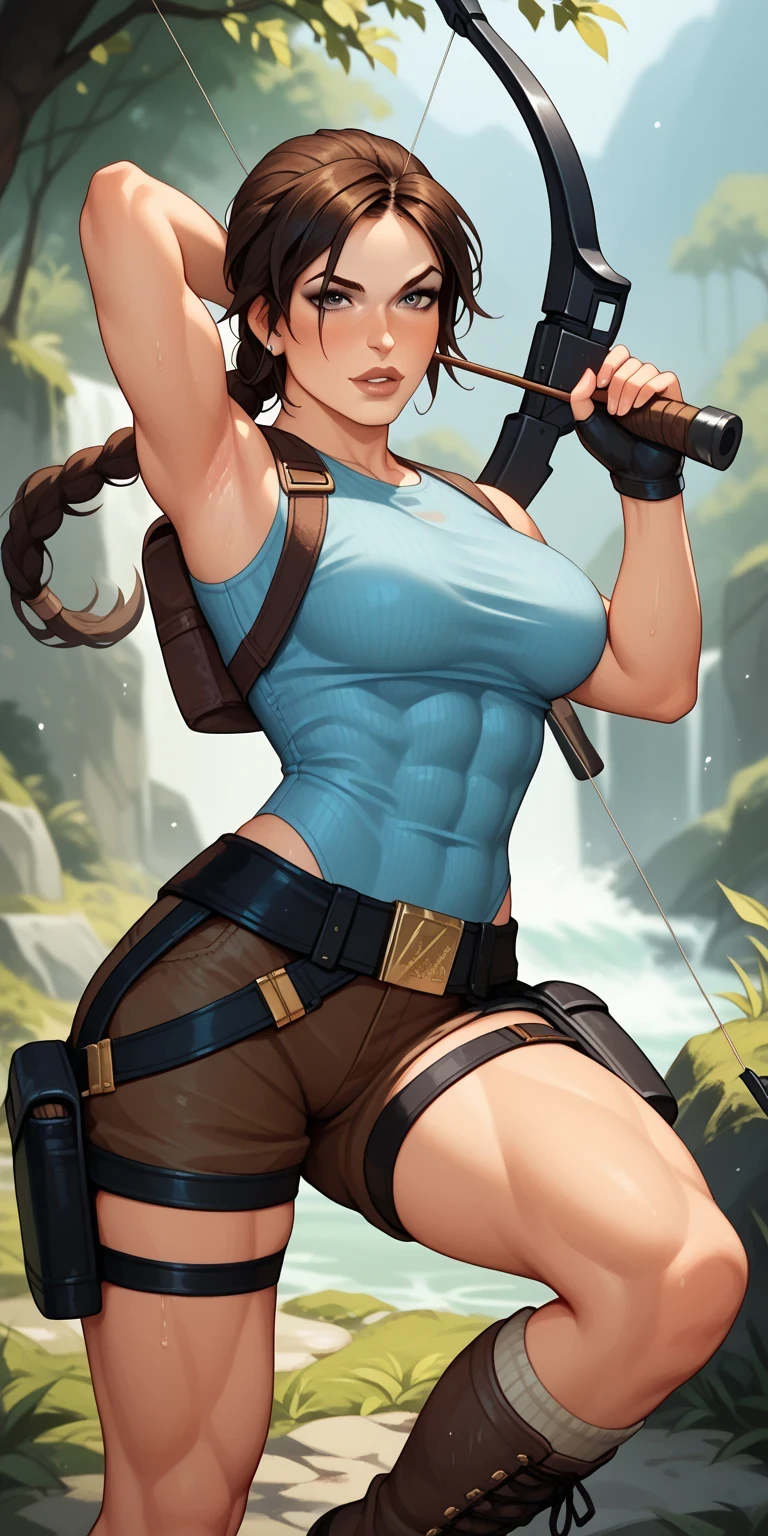 1 girl, Lara croft, tomb raider. She has a strong, athletic build and long flowing dark hair. She wears a fitted blue tank top, brown tactical shorts, a utility belt with pouches and twin holsters strapped to her thighs, and rugged brown combat boots. A quiver with blue-feathered arrows is slung across her back, and she holds a bow in one hand, ready to draw an arrow, showing armpits, muscular legs.