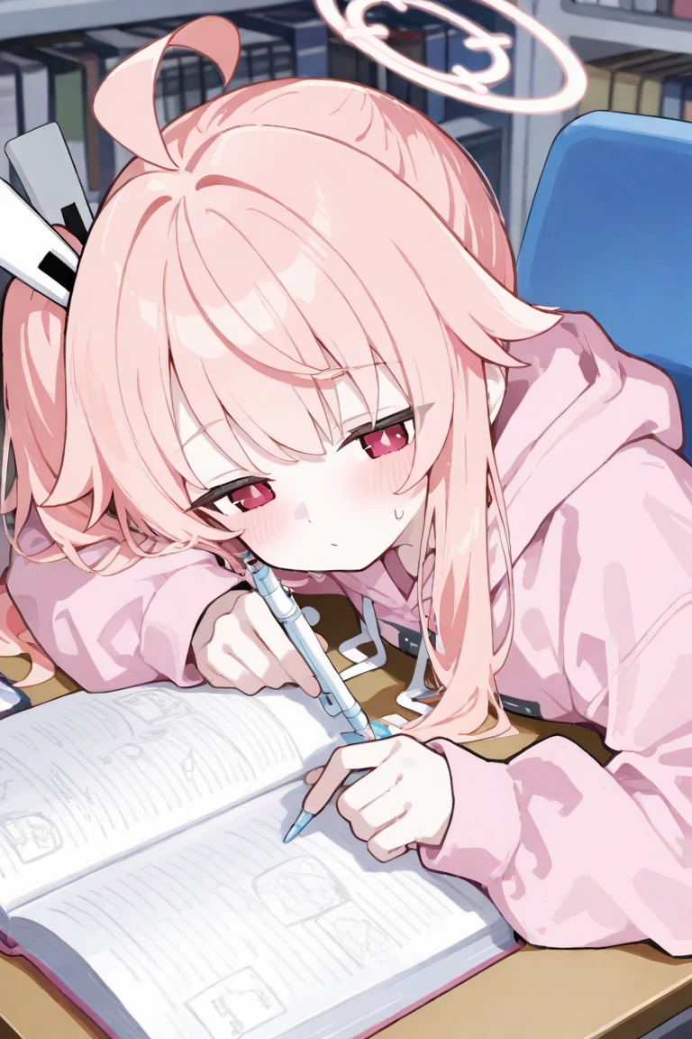 anime girl, short pink hair, bangs, pink hoodie, blue skirt, black legwear, choker, crying, sad, lying on the floor,lying on one side, sketch, white shoes, from side, phone on the floor, looking at phone