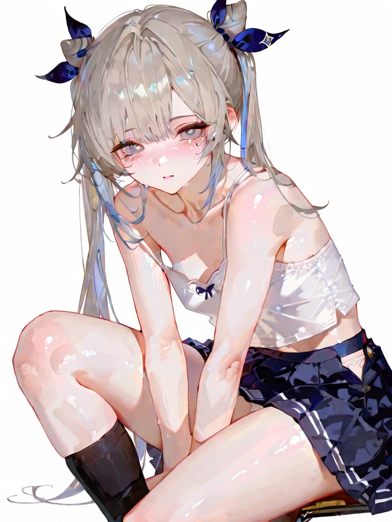 beautiful, masterpiece, highest quality, anime, One girl, C Cup,Portrait Shot, View your viewers, Intricate details,>,((Covered、Short Hair、nearby、Blue Eyes、art、、White hair,Blue streaked hair、wallpaper、ponytail、School swimsuit、White knee socks、Beautiful breasts、Leg spread
