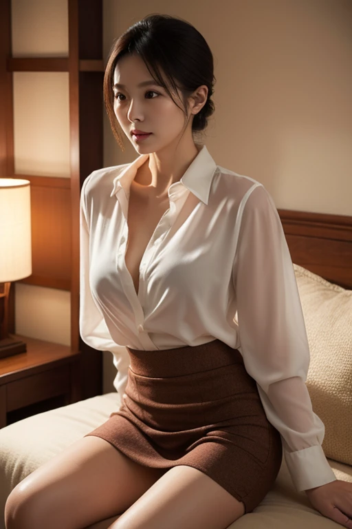 Transparent ultra-thin panties，best quality、16K High Resolution、Very detailed、masterpiece、Live shooting、Practical:1.4、Surrealism:1.4、Clear focus、Very delicate and beautiful、nitty gritty、1 female、(European:1.2)、(Blonde)、(Spread your legs:1.3)、(no panties:1.3)、(National Foundation:1.1)、 (Sitting at the table)、(Super beautiful)、(Pretty Face:1.5)、(Ponytail, stocking)、(Delicate face)、(beautiful eyes)、Perfect round eyes、(Delicate lips)、Lipstick、(Eyeliner)、mascara、Eyeshadow、(Military Green Pencil Skirt,)、White shirt、Green set, tie、In NSFW