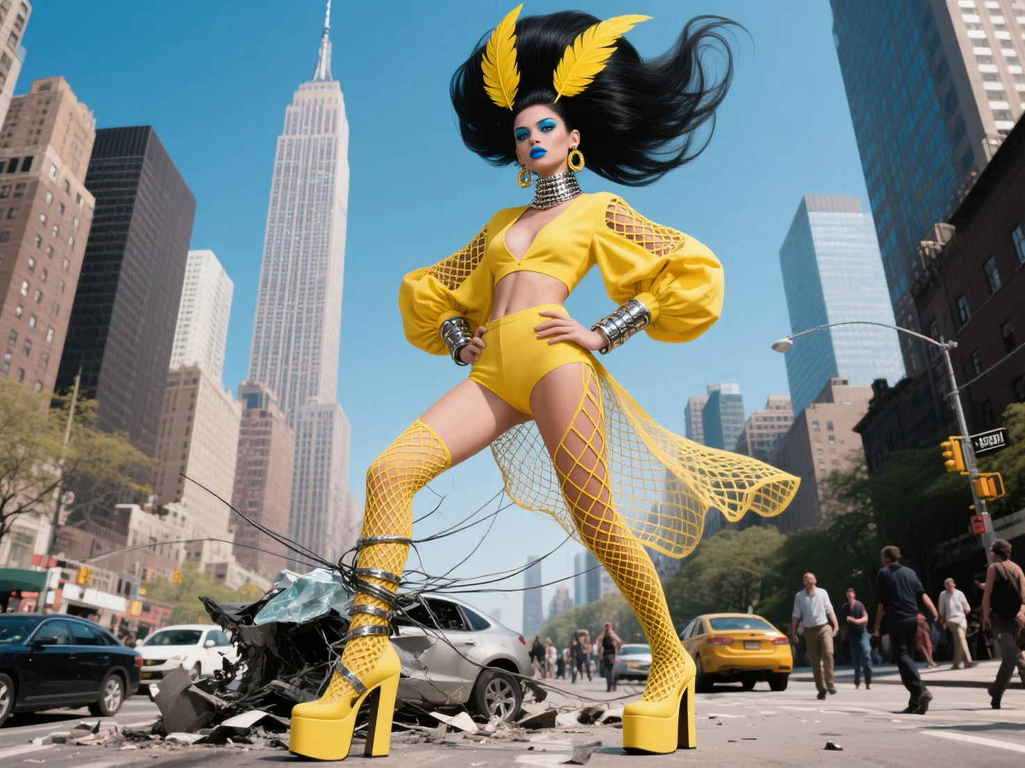 A late 30s woman, full length portrait, various modeling poses, catwalk strut, crowded city street, wide shot, UHD, 8k, strong details, BREAK: lopsided smirk, sapphire blue eyes, palest alabaster white skin, (slim and soft physique), full color body tattoos, heavily tattooed, (butterfly-winged skull tattoo (on chest):1.3), honey blonde hair in a messy bun/mohawk, red bodycon dress, ((small bust)), (low rooted breasts:1.35), (lower set breasts:1.25), pierced nipples under dress, pokie nipples, long legs, (strong glutes), short torso