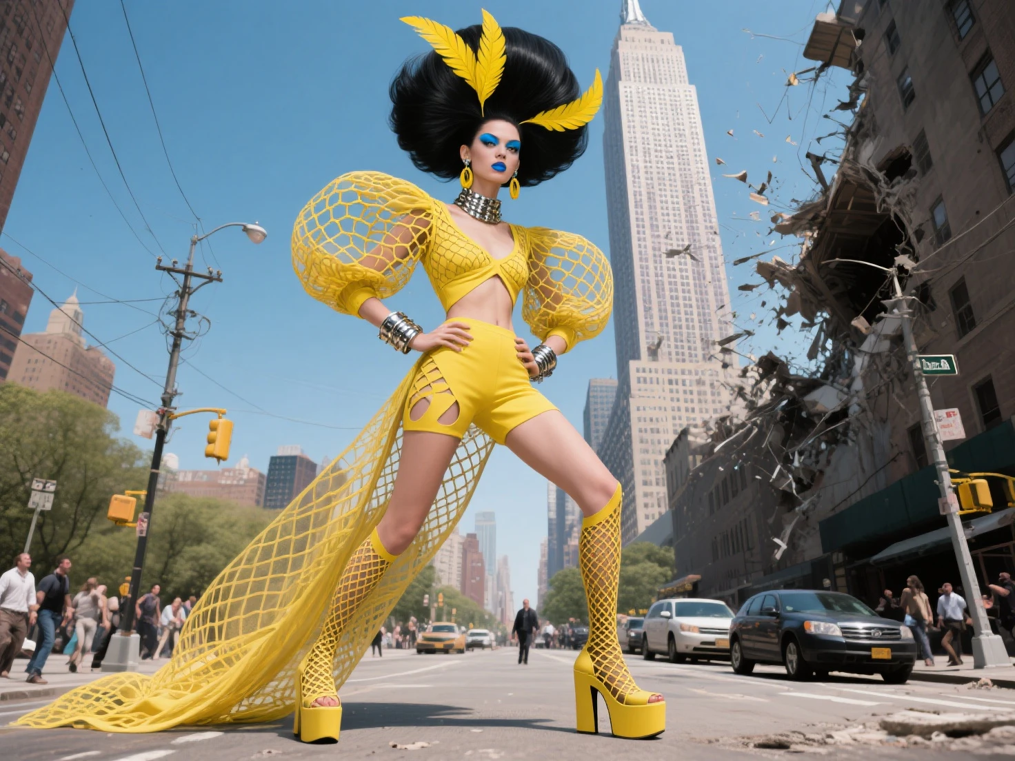 A late 30s woman, full length portrait, various modeling poses, catwalk strut, crowded city street, wide shot, UHD, 8k, strong details, BREAK: lopsided smirk, sapphire blue eyes, palest alabaster white skin, (slim and soft physique), full color body tattoos, heavily tattooed, ((butterfly-winged skull tattoo above breasts:1.3)), honey blonde hair in a messy bun/mohawk, red bodycon dress, (low rooted bust:1.4), pierced nipples under dress, pokie nipples, long legs, (strong glutes), short torso
