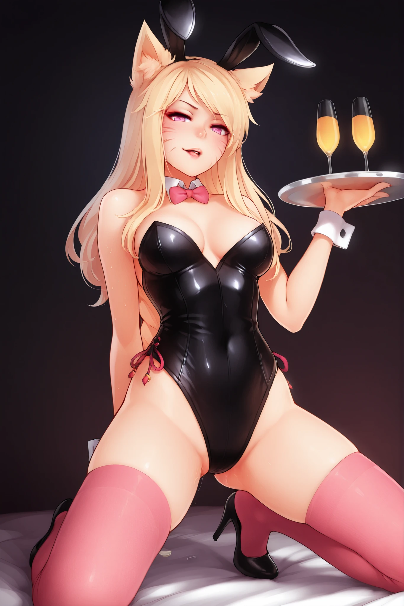 ahri from legend of legends, high heels, blonde, naked, medium breasts, pink stockings, tiny waist, play boy bunny suit, black leotard, bunny ears, photorealistic,4k,ultra-detailed,highly detailed face,sensual expression,provocative pose,soft lighting,pink and black color palette,luxurious studio setting,glowing skin,realistic fabric textures,beautiful background,waking towards viewer, holding a tray