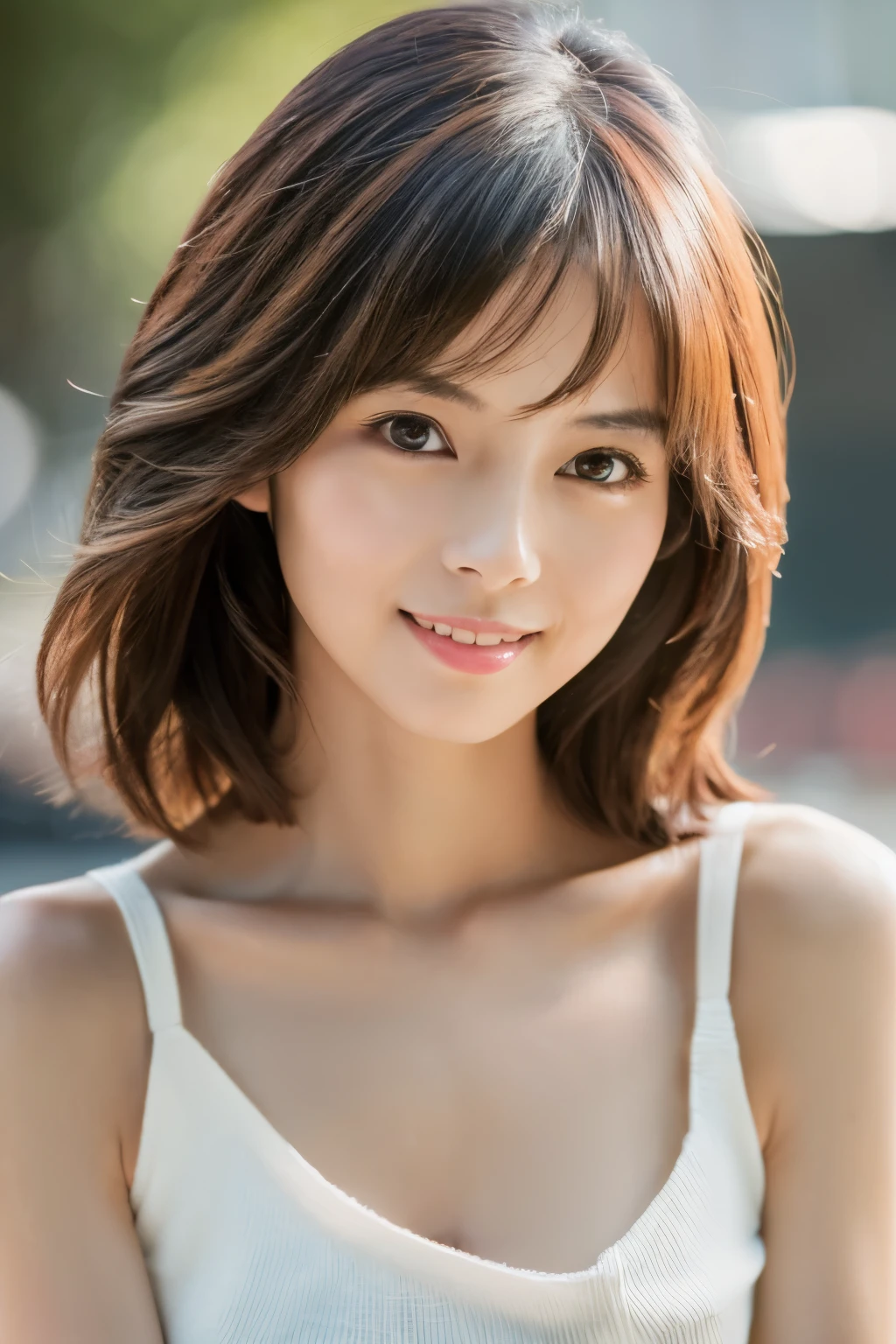 masutepiece, Best Quality, Photorealistic, Ultra-detailed, finely detail, High resolution, 8K Wallpaper, 1 beautiful woman, Wearing sleeveless fashionable clothes, cleavage, at campus, light brown short messy hair, Perfect dynamic composition, Beautiful detailed eyes, Smiling happily, Perfect teeth visible, foco nítido, Detailed skin texture, detailed hairs