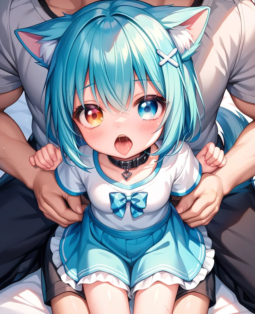 A man with a white tiger, a sky-blue striped tiger pattern, a long tiger tail, a yellow left eye, a sky-blue right eye, blue eyebrows, sky-blue hair, long hair, eyes closed,white socks,locker room background, caressing,anger,serious expression,naked,blow job,penis,Tears,pain,Sweat,pre-cum,pat your head