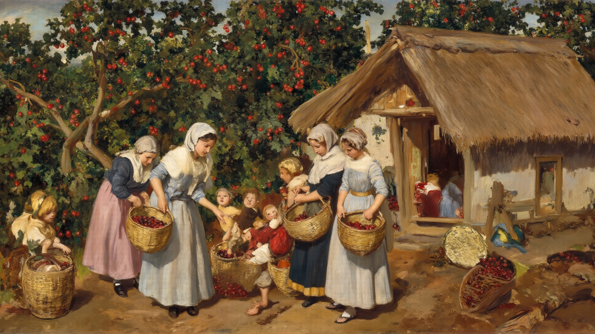 create an ultra realistic, European baroque style image that captures the beauty of the countryside with trees and flowers, and a happy family on a picnic. The scene includes a young, athletic father with a cap and short black hair, a young, slightly chubby mother with blond hair and a hat, an 85-year-old grandpa with white hair and a cane showing a warm smile, a 75-year-old grandma with white, a 10-year-old grandson dressed as a football player with black hair, and a 4-year-old granddaughter with slightly curly brown hair. Everyone is smiling and enjoying the picnic. In the style of Rembrandt and Johannes Vermeer, with exceptional luminosity, meticulous and realistic technique