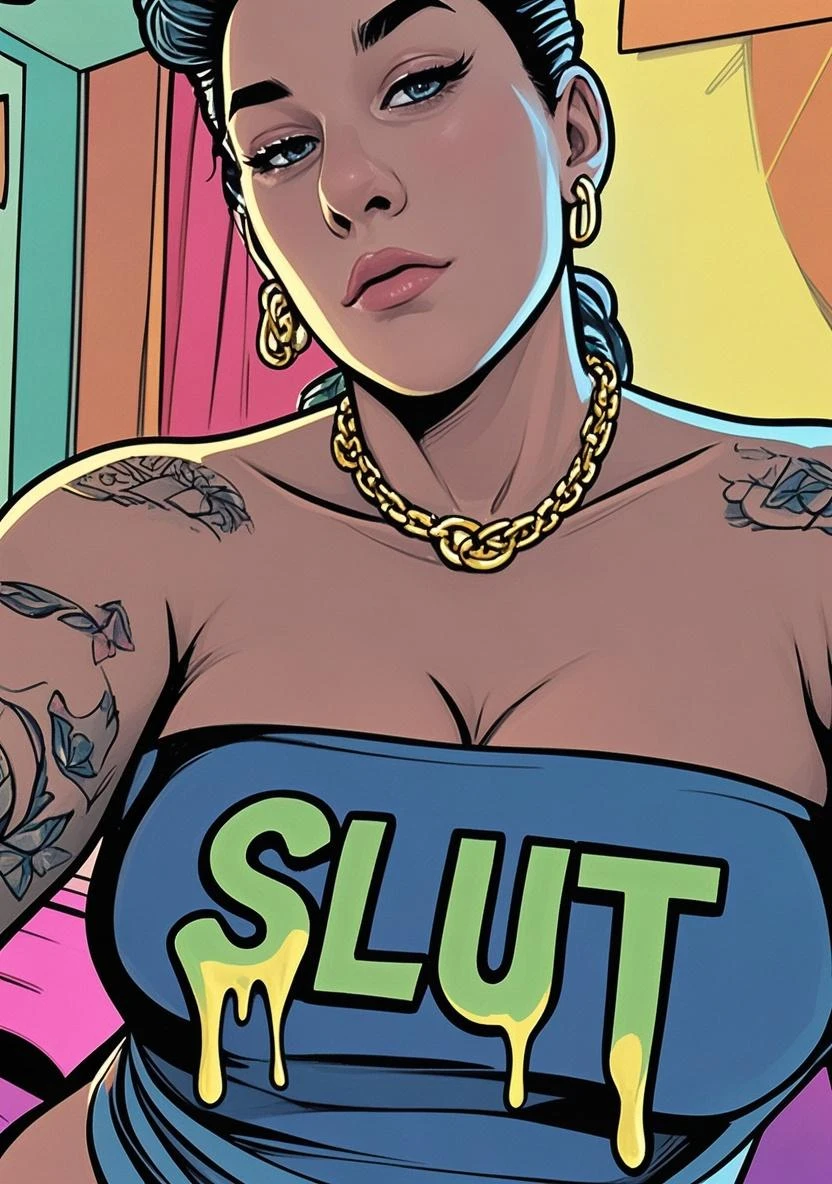 ((sexy girl ,young)), glamorous, slender, hilda, street hooker clothes, moistened eyes,blush, prostitute, slutty, (makeup), eyeshadow, thong, tattoo, piercings, tattoo on breast, (tattoo on tits), tattoo on thigh, neon lights, outdoors, neon lights, spiderweb tattoo, derogatory bodywriting, hotpants, graffitti on walls, brothel, smoking 1 cigarette, (many tattoos), curvy,