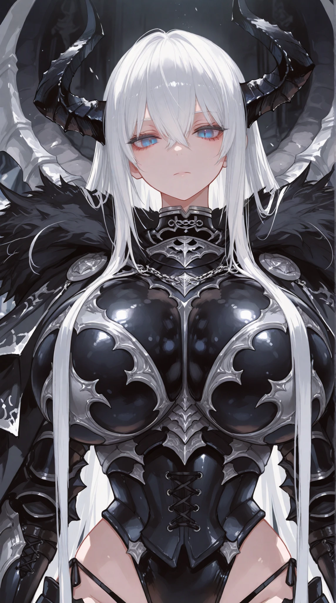 1girl ,white hair,blue eyes, pale skinned beast, white dragon, dragon horns, polar, ice knight , heavy armor, nice clothes, archer, (high resolution, high detail, best quality), calm, big breasts