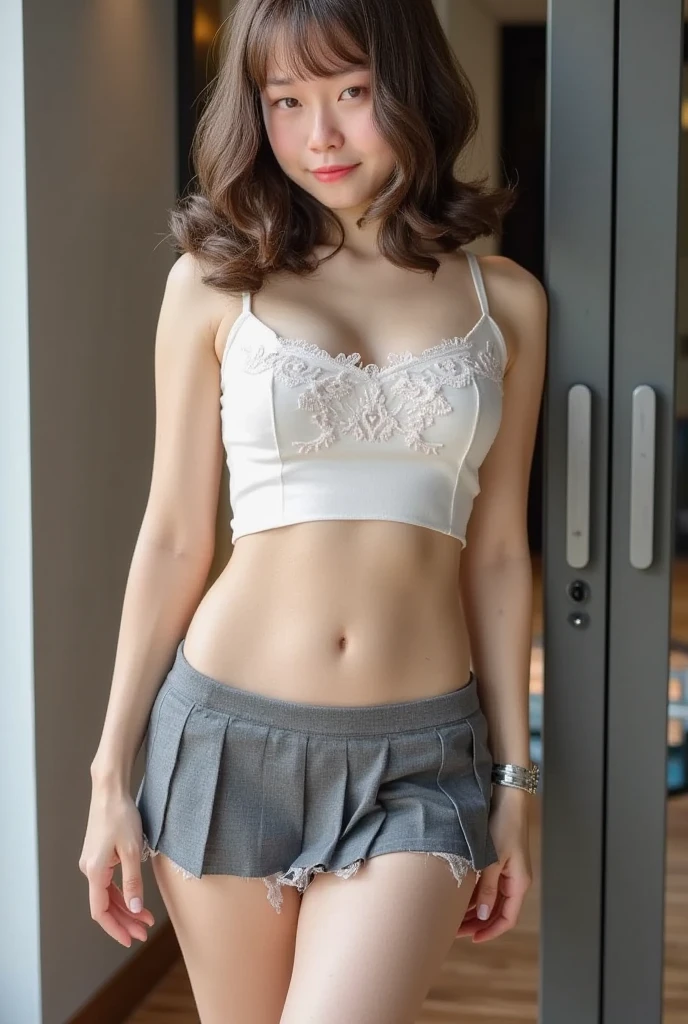 Long straight blonde hairstyle, equal breasts, there is a cleavage on the chest, full body)、in university classroom、 serious face、 Dynamism, nice and accurate representation, high resolution, (detailed black lace top), (miniskirt) , detailed poses, ideal style, lift the skirt, ergonomically suitable,