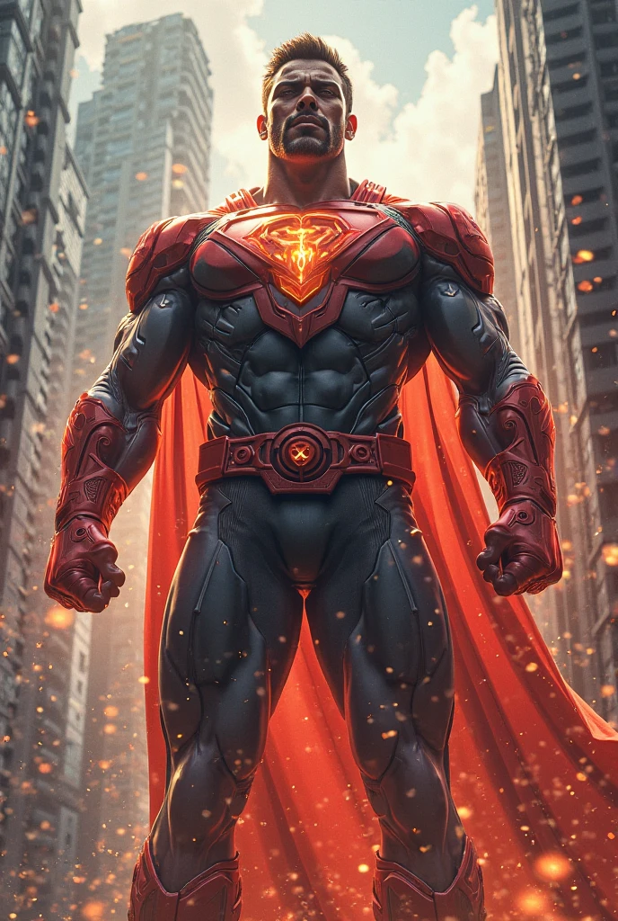 Male, giant, muscular, red skin, glowing eyes, shark-like teeth, red cowl hood, red power armor with large black patterns, black pants, lantern symbol, red forearms and boots, fire aura