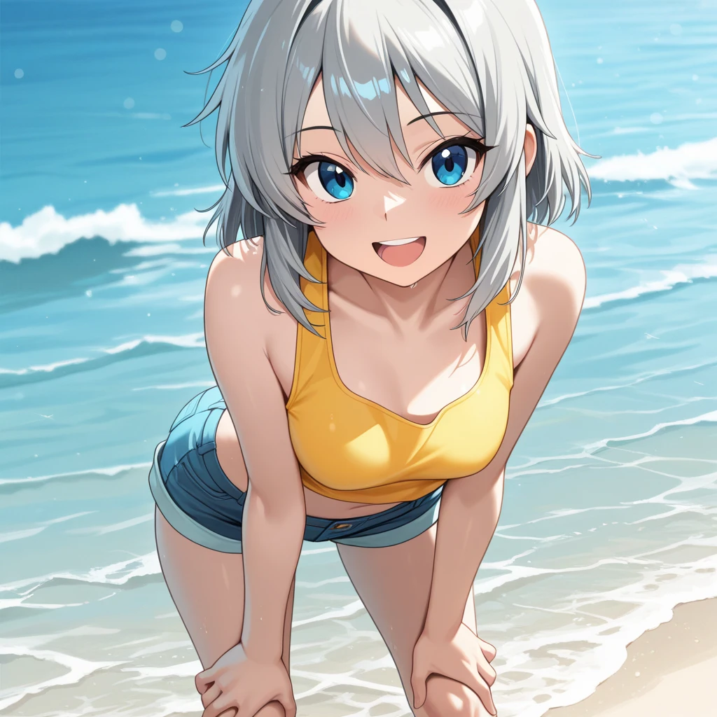 One girl,Kaoru、Gentle expression、smile、Welcome、Sexy pose、Sexy Swimsuit、nsfw,Ocean、beach、blue sky、Sitting、from below,A complete depiction of the human body、masterpiece, Highest quality, Game CG, ultra detailed、highres、extremely detailed CG