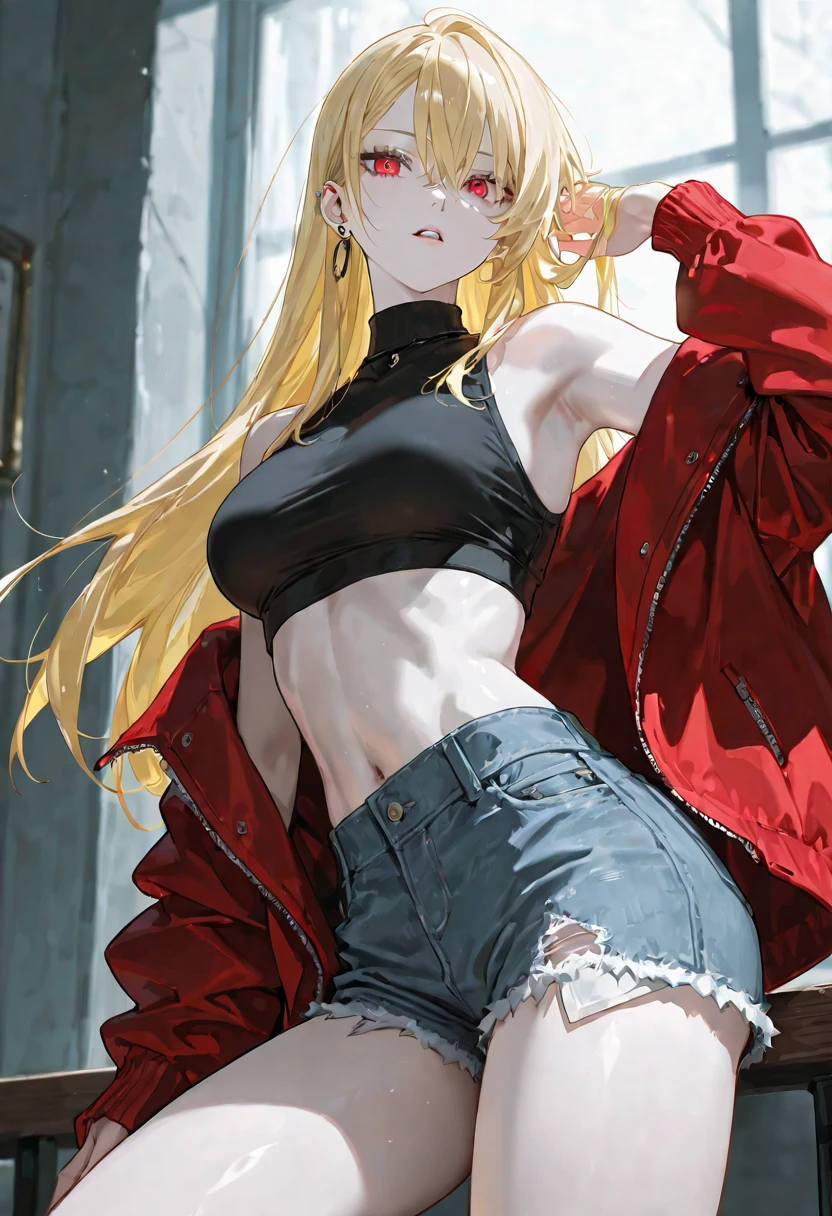 Young guy, long blonde hair, red eyes, red open shirt, open chest, smirk, masterpiece, high quality