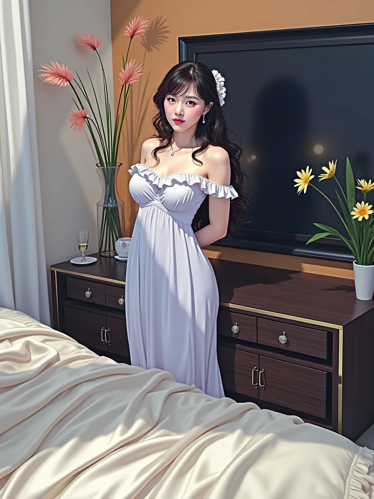 random pose, mix4, (8k, RAW photo, best quality, masterpiece: 1.45), (realistic, photorealistic: 1.37), one girl, cute, cityscape, night, rain, wet, professional lighting, photons mapping, radiosity, physically based rendering, gradient black hair, gray hair, short curly hair, handsome, girl, Deep V-neckline slip dress, top quality photo, high res, 1080p, (clear face), (detailed face description), (detailed hand description), (masterpiece), (exquisite CG), extreme light and shadow, disheveled hair, master work, rich details, (fine facial features), (highest quality photo), (masterpiece), (detailed eyes), look in front of you eyes, fine clavicle, ((large breasts)),
