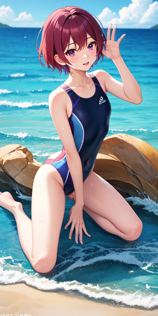 masterpiece, best quality, very aesthetic, absurdres, 1girl, mature_lady, full body, Stretching, Beach Volleyball, swimming_suit, playing Volleyball,,furina(genshin impact), heterochromia,bule hair,blue eyes,,on beach, sweat, floating water,sunshine,sky,cloud, outdoors, ,blur background,background defocus,floating hair,