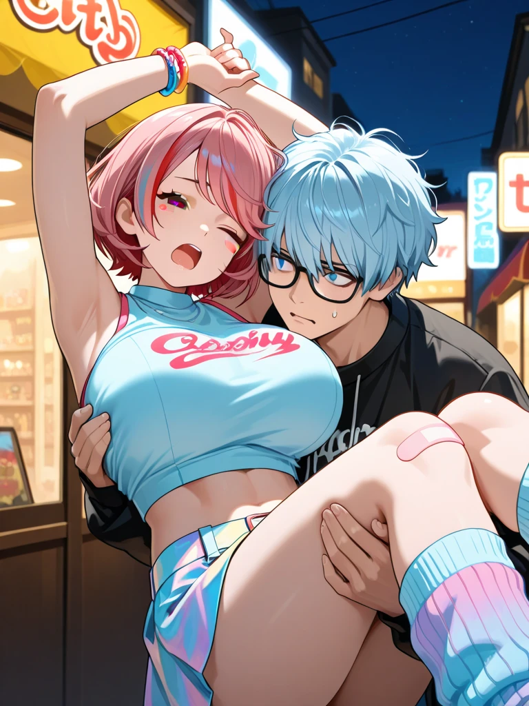 1 girl and 1 boy The girl: (masterpiece), best quality, expressive eyes, perfect hybrid succubus girl face, short girl, long cyan and blue hair, magenta eyes, glasses, happy, black sports top, red thigh - High stockings , demon tail, golden necklace with a black stone, blue jean shorts, big and perfect breasts, thick thighs, perfect ass. The Boy: (masterpiece), best quality, high quality, 1 hybrid demon ager, male focus, tall, dark blue hair, purple eyes, gray scarf, red sweatshirt with black sleeves, black pants, black and white sneakers. The girl hugs the boy, feeling his warmth.