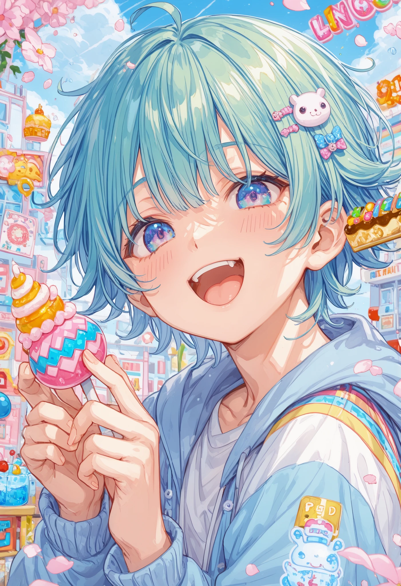 ((boy before the tournament:1.4)), Harajuku style、Fluffy hair、lots of hairpins on bangs、Hold the rainbow colored adhesive plaster on your face、colorful、multicolored、pastel、Hold a candy in one hand、cute、 pop、laughing