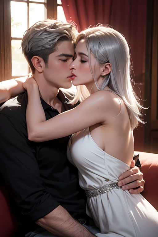 ((Best quality)), ((masterpiece)), (detailed), Beautiful couple, tall muscular man hugging a slender girl, Fantasy style, White hair, kiss, pumped up torso, Photorealism, book cover