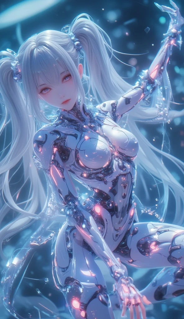 best quality, super fine, 16k, 2.5D, delicate and dynamic depiction, mechanical cyborg with fully mechanical body, hair made of chains and illuminated cable, deck chairs, beach umbrellas, beautiful white sand beaches, transparent, translucent, iridescent glitter, ascii_art, BREAK , eyes flashing red, wearing red bikini