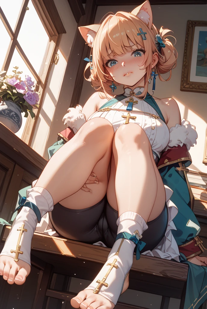 (best image quality, masterpiece:1.2), (super detail drawing), NSFW, (very cute little princess:1.3), (1 girl:1), alone, (shot from below) ,(Condescending look) NSFW, gorgeous queen dress, sitting on the throne chair, queen&#39;s crown, show panties, full body, round baby face, ( Blonde short-cut hair), armpit, (white thigh high pantyhose:1.2), evil smile, mean face, female brat smile, luxury palace room, fancy room,, spread your legs, beautiful feet, showing the soles of the feet、(Realistic Mekosuji:1.3)、(fresh cameltoe:1.4)、(natural life size)、(cameltoe through panties:1.3),(realistic panties:1.3)、(clear visible panties:1.2),(Only the panties are visible:1.3),(Vivid colors)